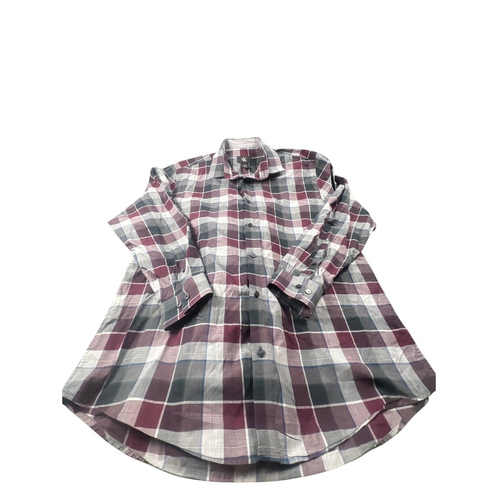 Calvin Klein Plaid Button Down Shirt Medium‎ Burgundy Gray Long Sleeve Cotton